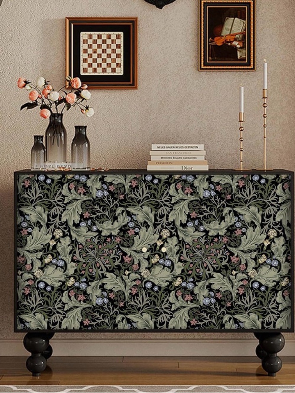 William Morris Botanical style Wallpaper Roll in Black and Olive Green - Picture 2 of 7